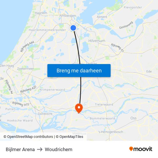 Bijlmer Arena to Woudrichem map