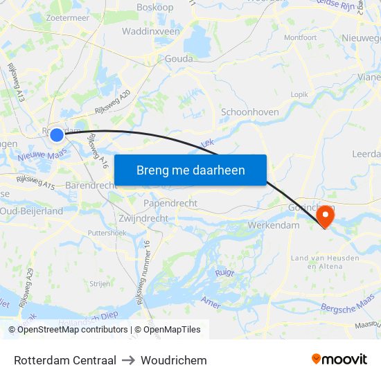 Rotterdam Centraal to Woudrichem map