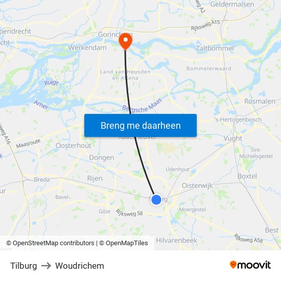 Tilburg to Woudrichem map