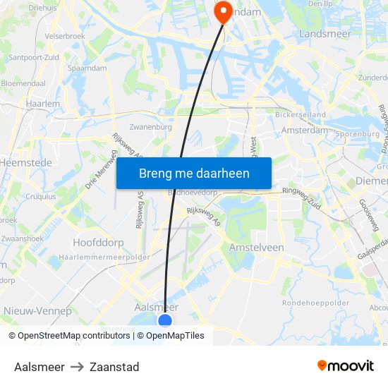 Aalsmeer to Zaanstad map