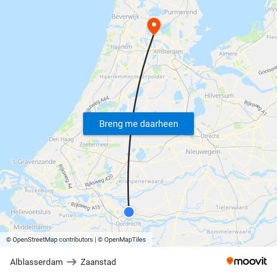Alblasserdam to Zaanstad map