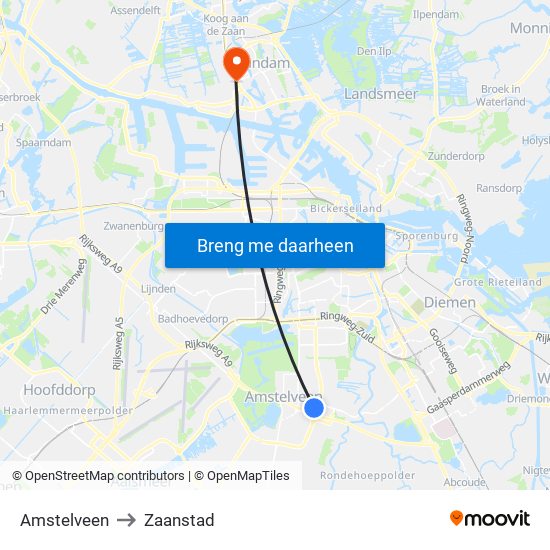 Amstelveen to Zaanstad map