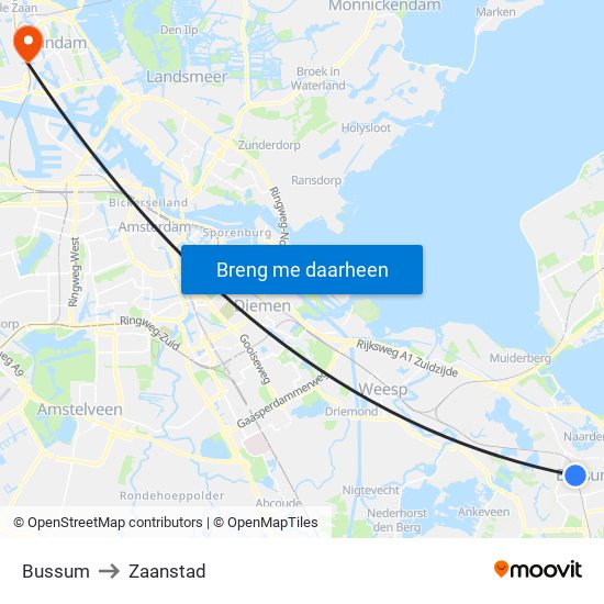 Bussum to Zaanstad map