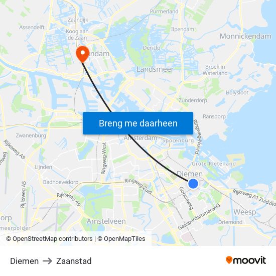 Diemen to Zaanstad map