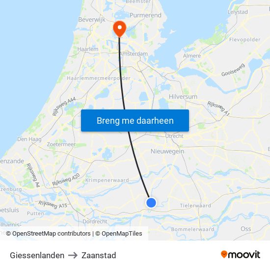 Giessenlanden to Zaanstad map
