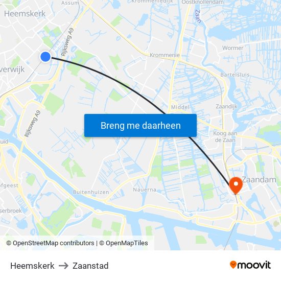 Heemskerk to Zaanstad map