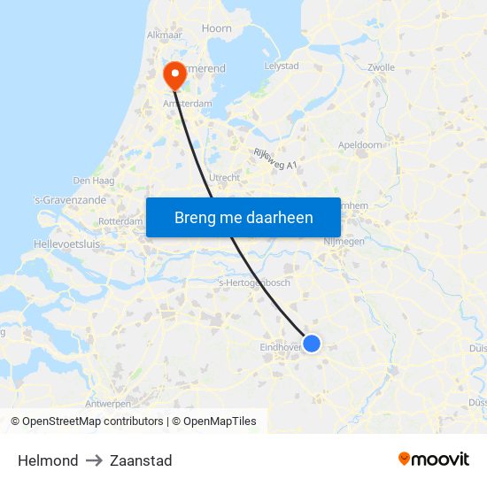 Helmond to Zaanstad map