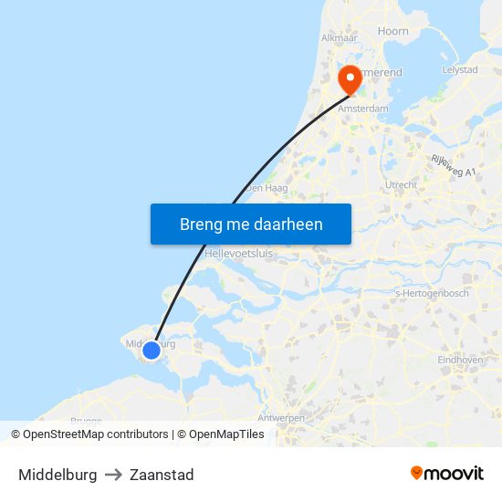 Middelburg to Zaanstad map