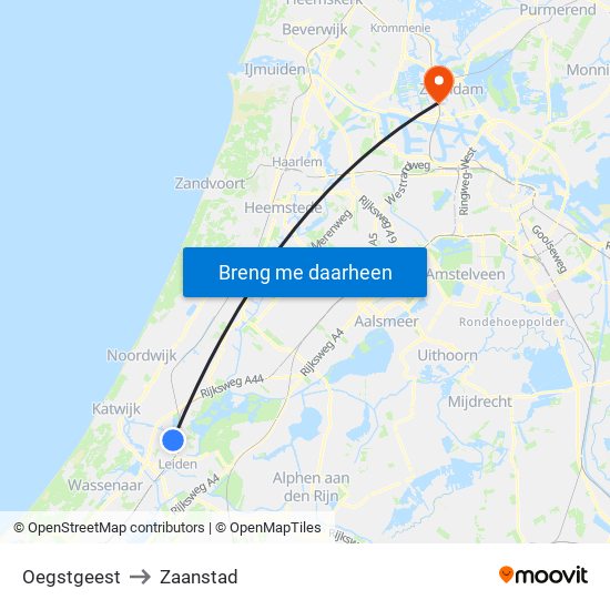 Oegstgeest to Zaanstad map