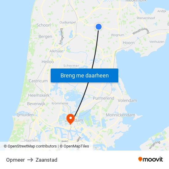 Opmeer to Zaanstad map