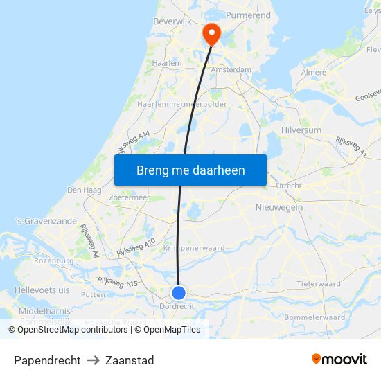 Papendrecht to Zaanstad map