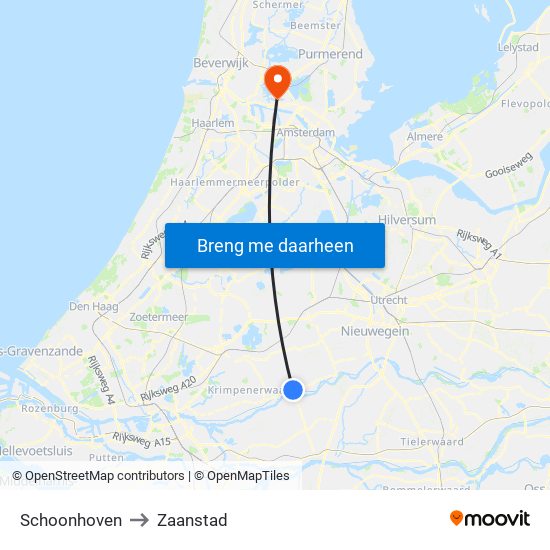 Schoonhoven to Zaanstad map
