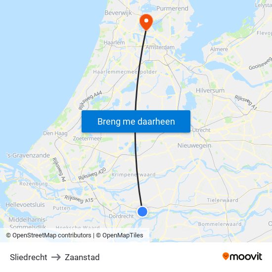 Sliedrecht to Zaanstad map