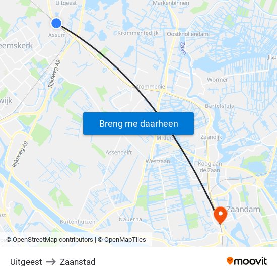 Uitgeest to Zaanstad map