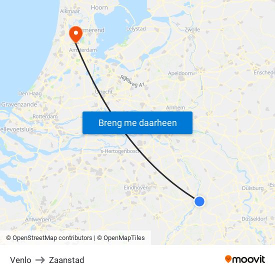 Venlo to Zaanstad map