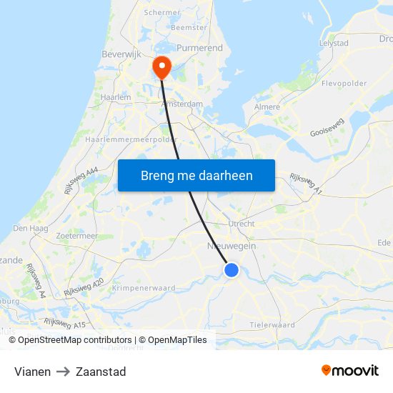 Vianen to Zaanstad map