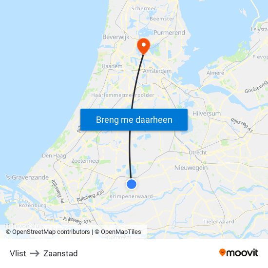 Vlist to Zaanstad map