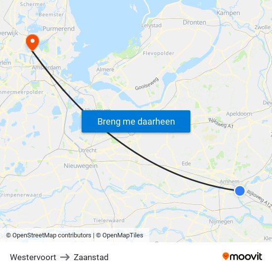 Westervoort to Zaanstad map