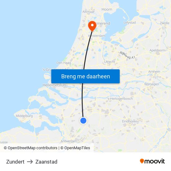 Zundert to Zaanstad map