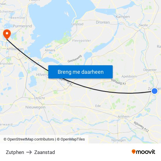 Zutphen to Zaanstad map