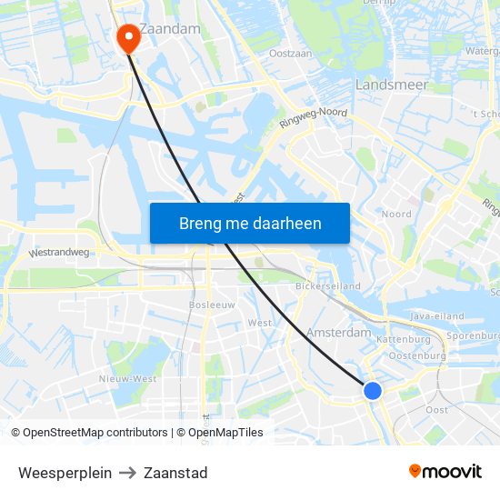 Weesperplein to Zaanstad map