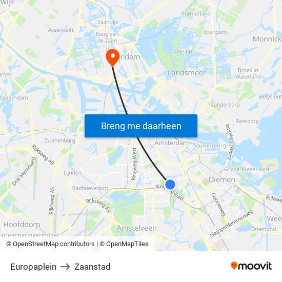 Europaplein to Zaanstad map