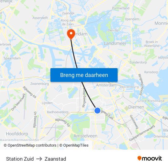 Station Zuid to Zaanstad map