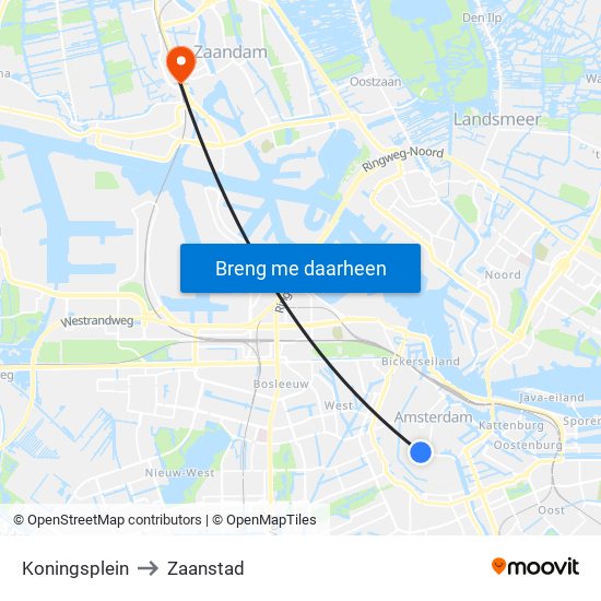 Koningsplein to Zaanstad map