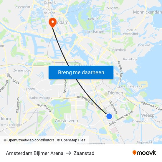 Amsterdam Bijlmer Arena to Zaanstad map