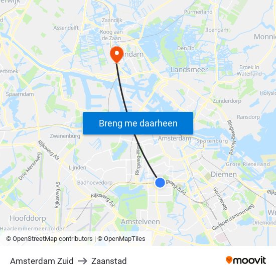 Amsterdam Zuid to Zaanstad map