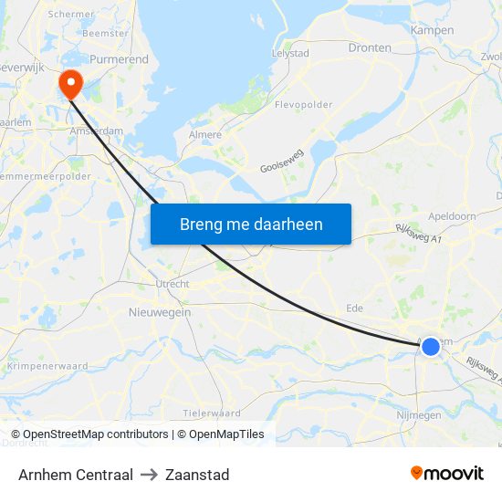 Arnhem Centraal to Zaanstad map