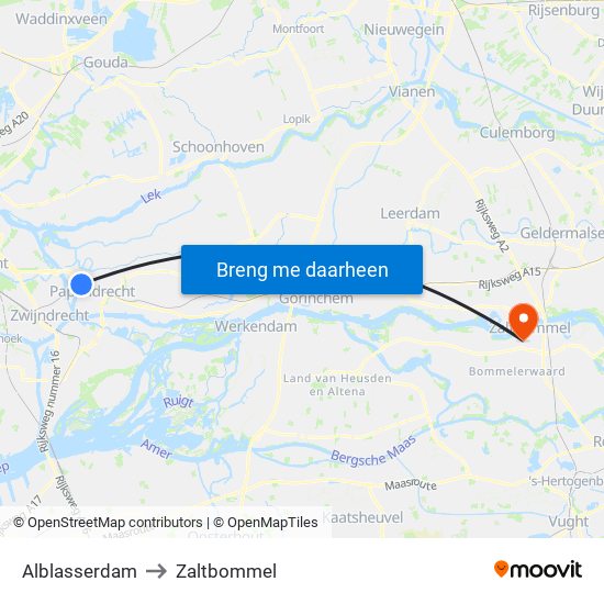 Alblasserdam to Zaltbommel map