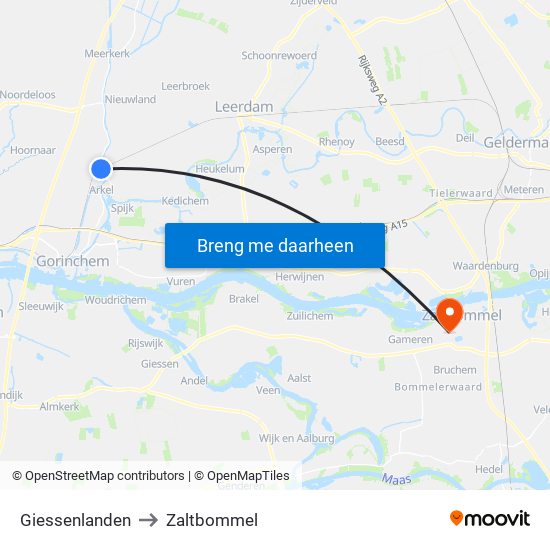Giessenlanden to Zaltbommel map