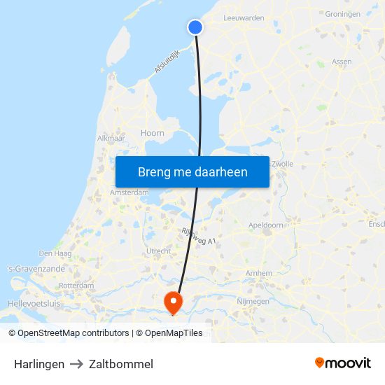 Harlingen to Zaltbommel map