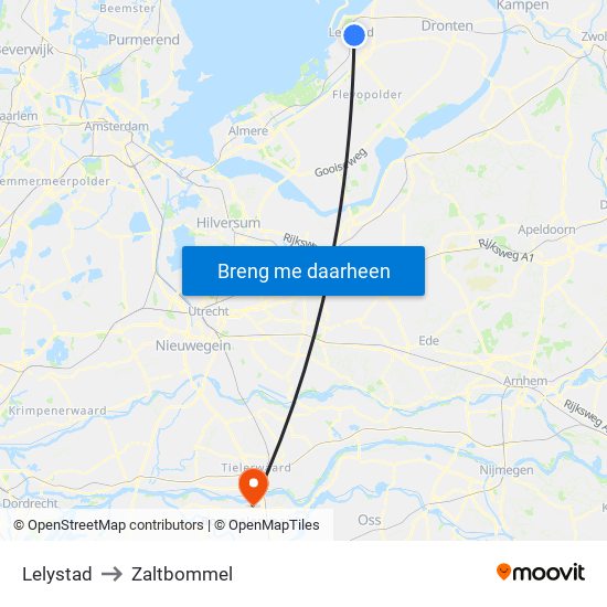 Lelystad to Zaltbommel map