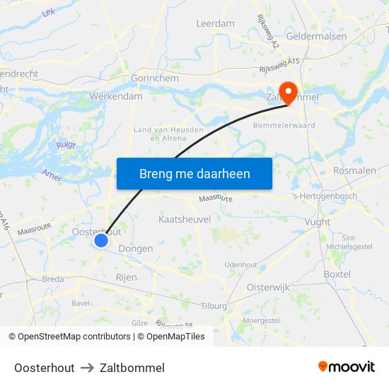 Oosterhout to Zaltbommel map