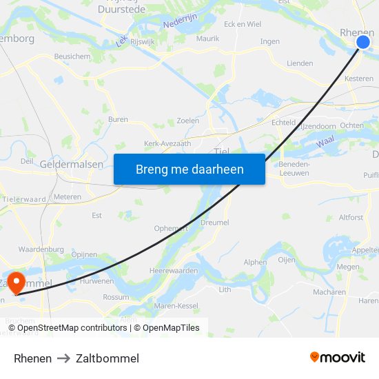 Rhenen to Zaltbommel map