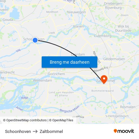 Schoonhoven to Zaltbommel map