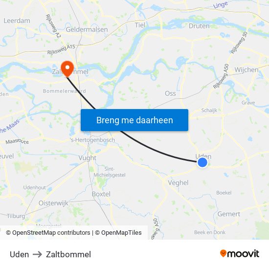 Uden to Zaltbommel map