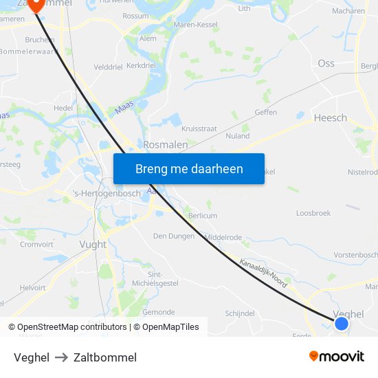 Veghel to Zaltbommel map