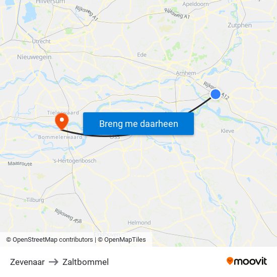 Zevenaar to Zaltbommel map