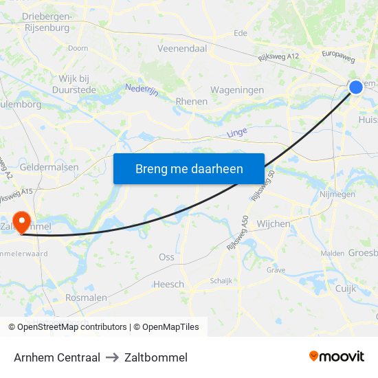 Arnhem Centraal to Zaltbommel map