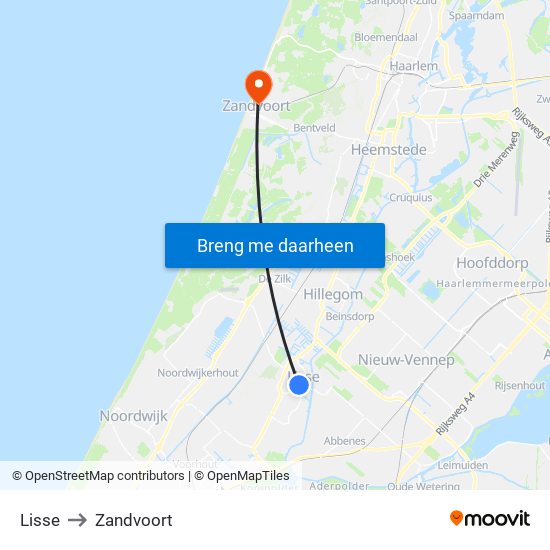 Lisse to Zandvoort map