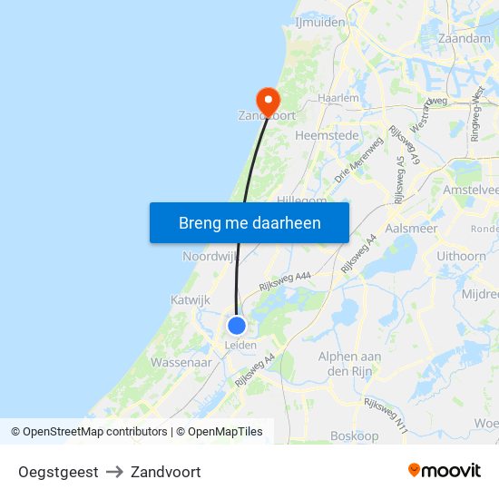 Oegstgeest to Zandvoort map