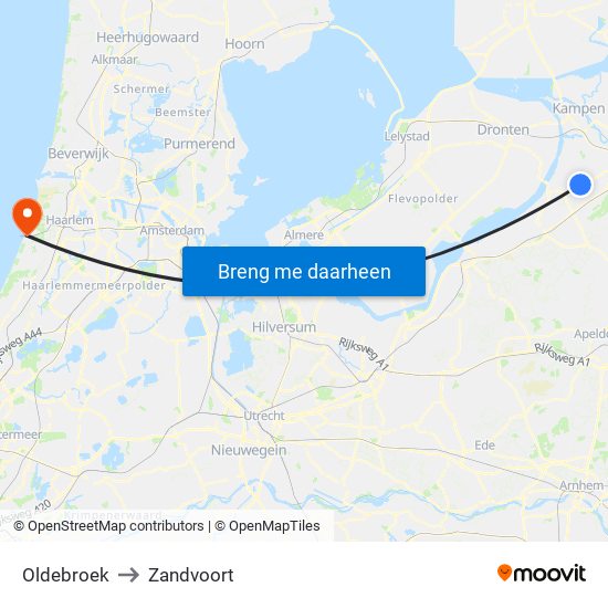 Oldebroek to Zandvoort map