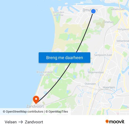 Velsen to Zandvoort map