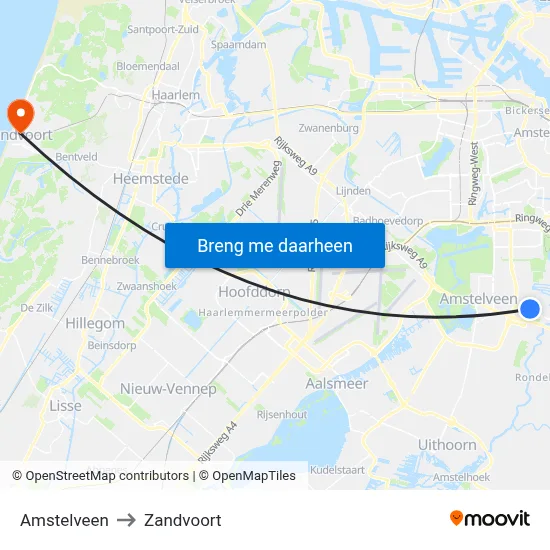 Amstelveen to Zandvoort map