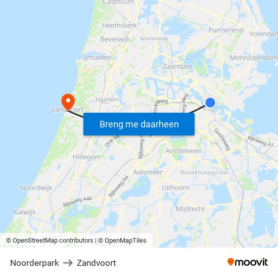 Noorderpark to Zandvoort map
