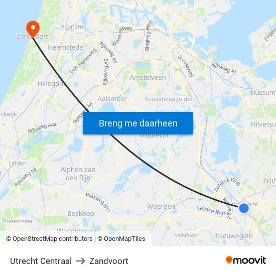 Utrecht Centraal to Zandvoort map