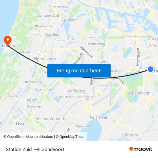 Station Zuid to Zandvoort map